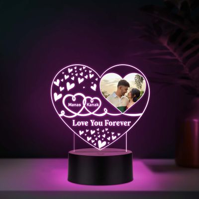 Personalized Heart Photo 3D LED Night Light Custom Name & Picture Lamp with Love You Forever, Quote Anniversary & Birthday Gift for Husband & Wife, Girlfriend Boyfriend (Multi)